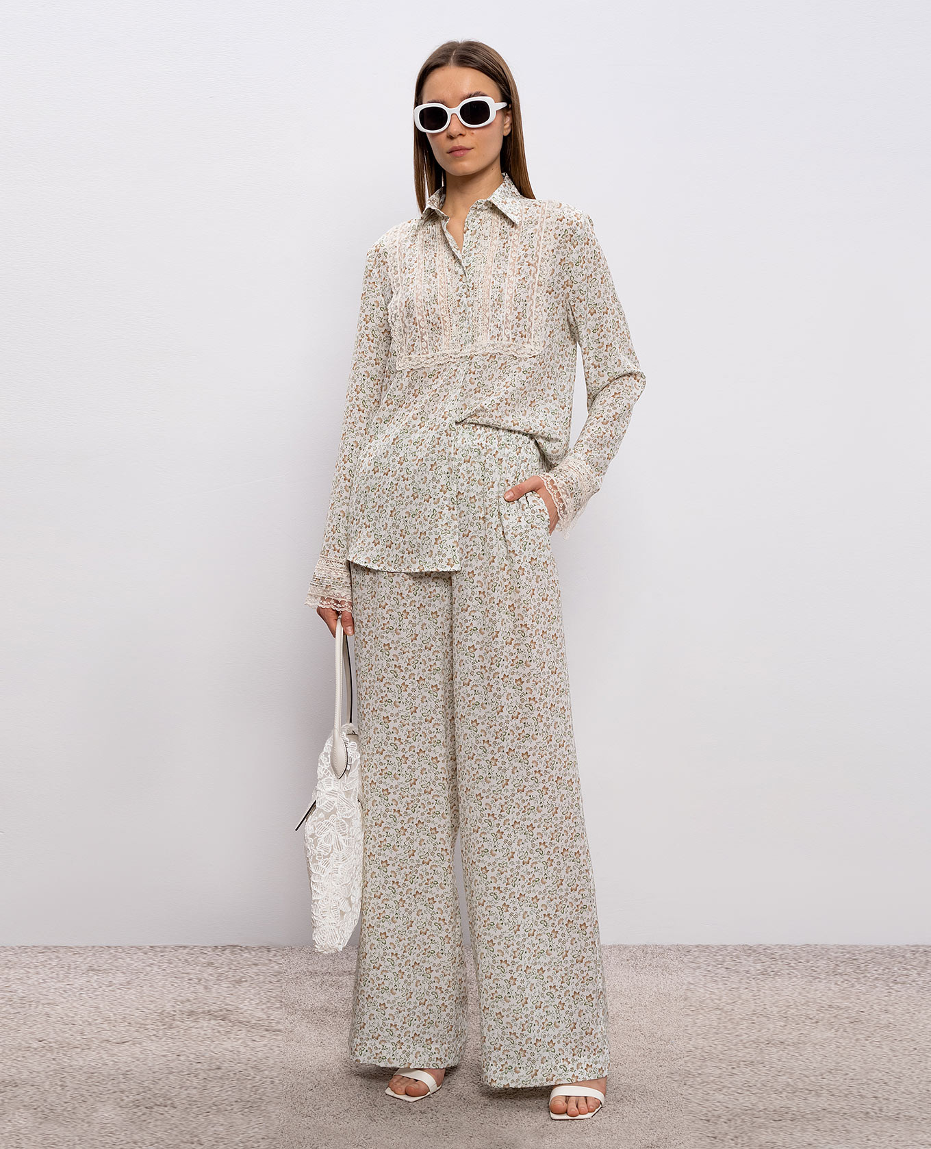 

White silk pants with floral print Ermanno Scervino