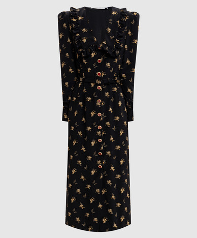 Zwarte zijden jurk met bloemenprint