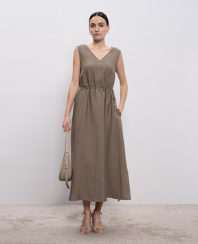 Peserico Brown linen dress with monil chain A0222405435