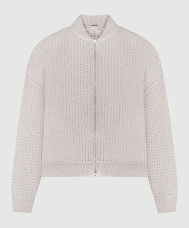 Graue Strickjacke mit Lochmuster und Lurexwolle