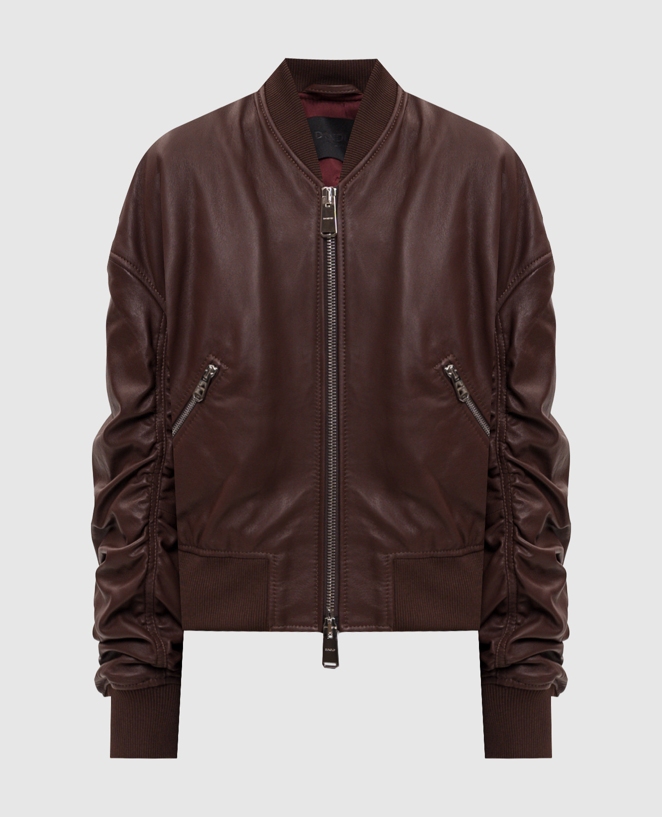 Brown leather bomber jacket with drape