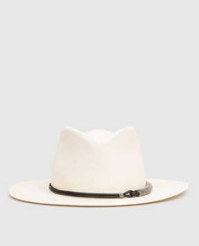Brunello Cucinelli Ivory straw fedora hat with monil chain MCAP90036