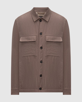 Peserico Brown linen shirt with logo patch R5225502606
