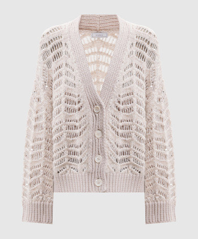 Beige openwork alpaca wool cardigan with sequins