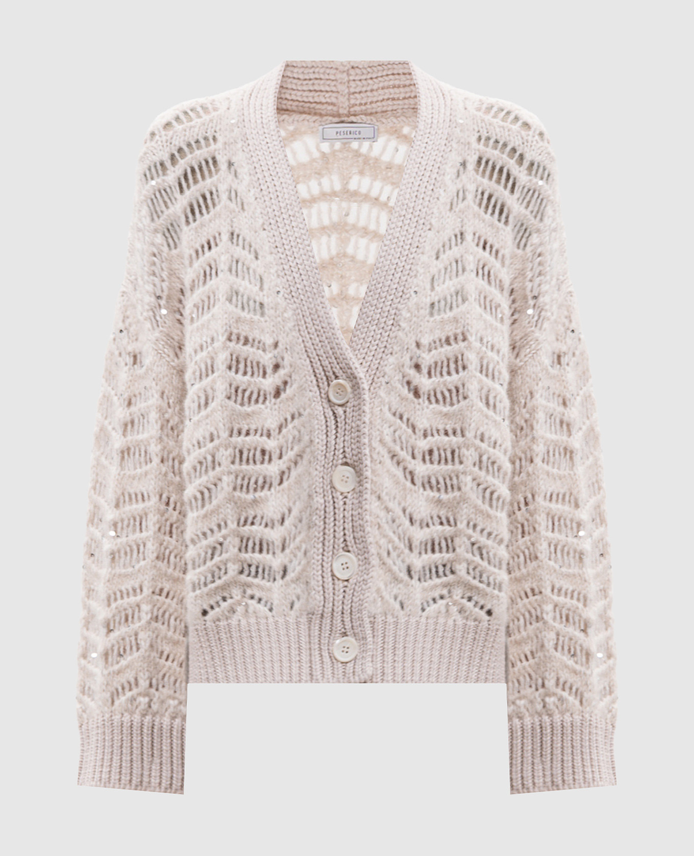 Beige openwork alpaca wool cardigan with sequins