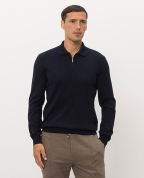 Bertolo Cashmere Blue wool and silk polo shirt with woven pattern 902626002566