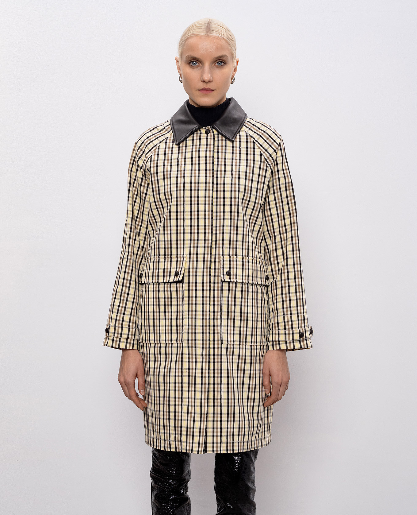 Beige checked jacket with leather collar Yves Salomon Army 3
