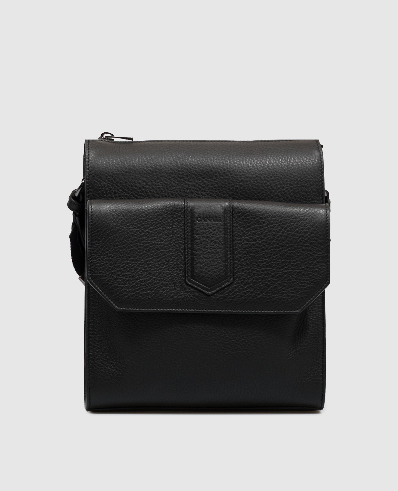 Black leather bag with embossed logo