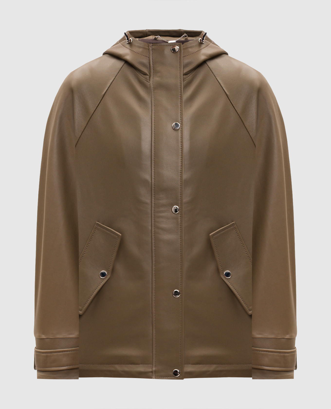 Khaki leather jacket with hood