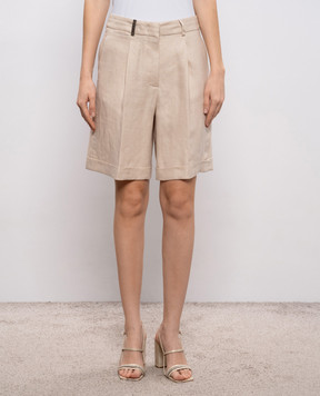 Peserico Beige linen shorts with patch and chain P0432102606