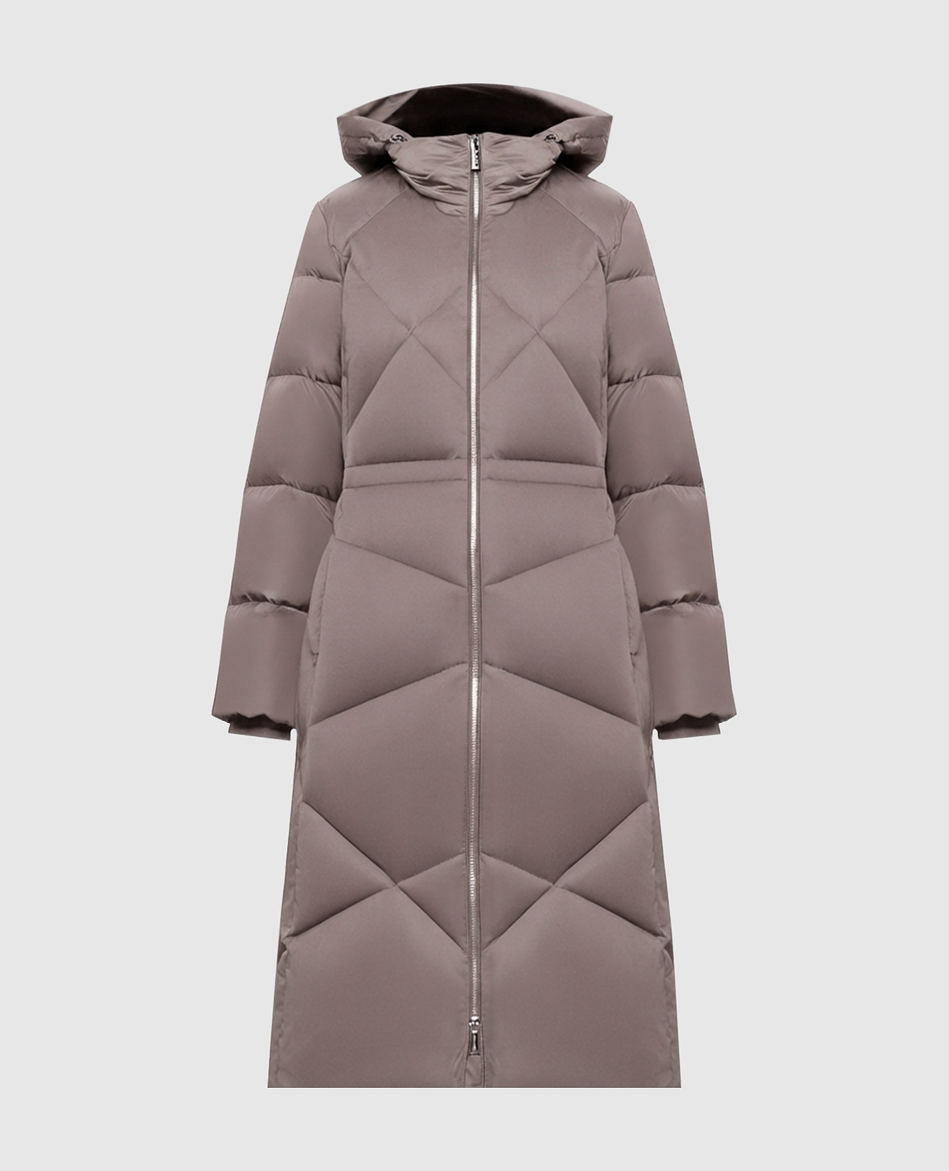 Brown elongated down jacket with hood