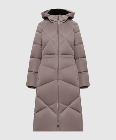 Brown elongated down jacket with hood