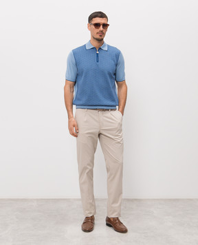 Stefano Ricci Blue polo shirt with patterned silk K212036P31F26192