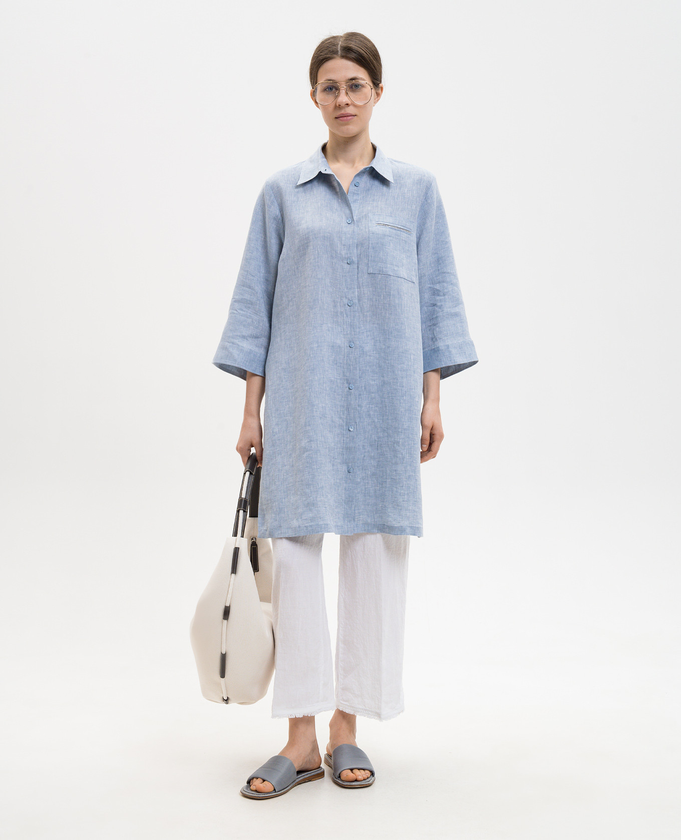 

Blue elongated linen shirt with slits Peserico, Light blue
