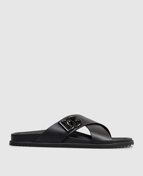 Dolce&Gabbana Black leather flip-flops with textured monogram logo A80525A9Q67