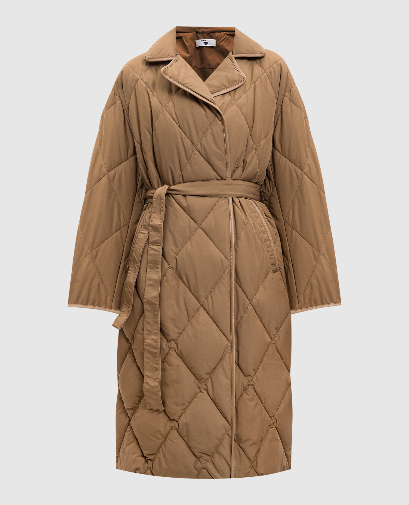 

Brown double-breasted long jacket with logo Twinset