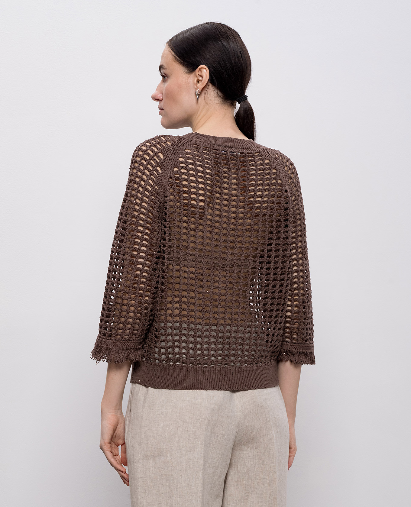 Brown openwork jumper with sequins and fringe Peserico 4