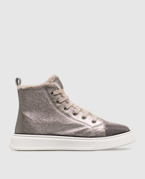 Brunello Cucinelli Silver leather high-tops with fur BZFAYZG409