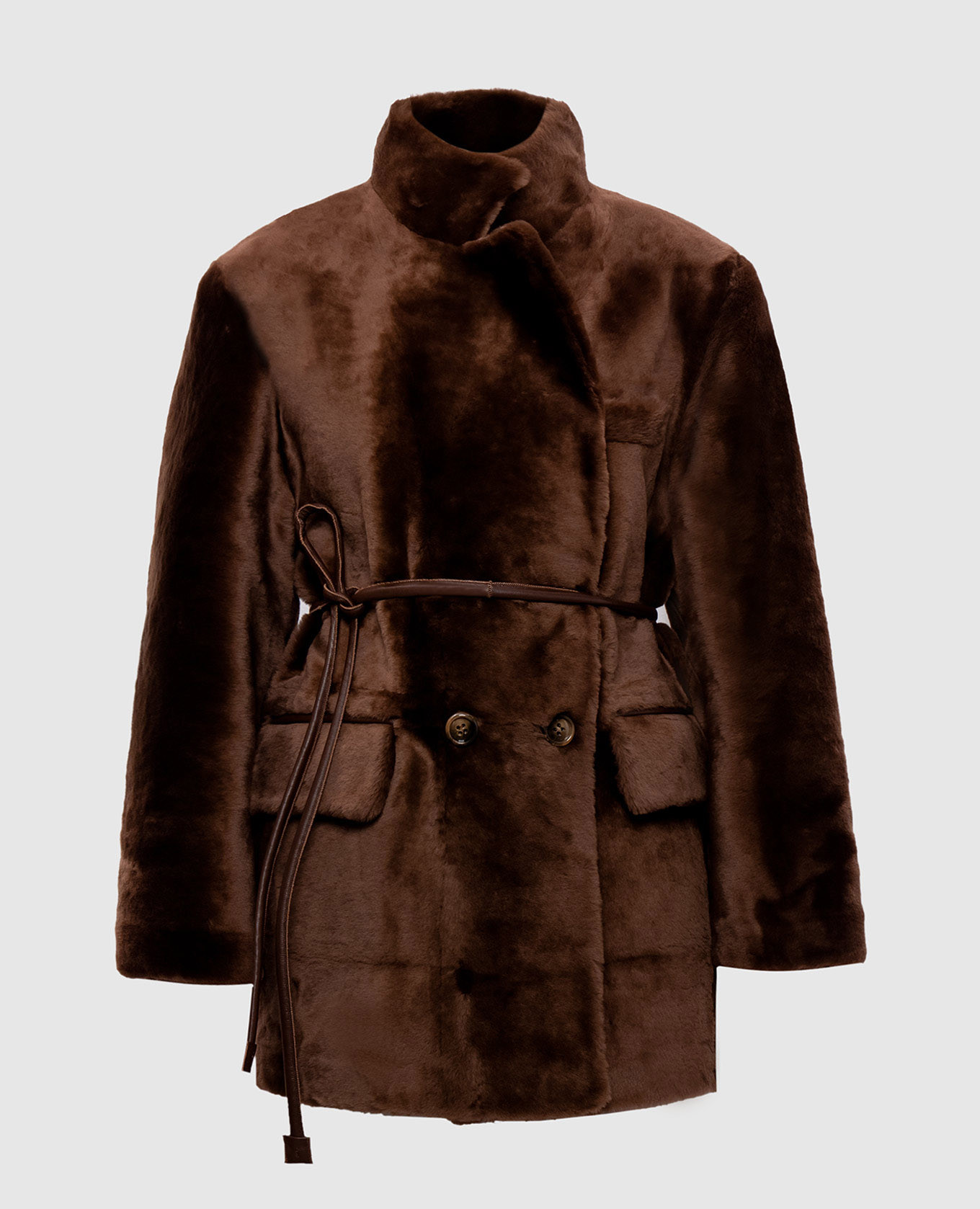 Brown double-breasted sheepskin coat with belt