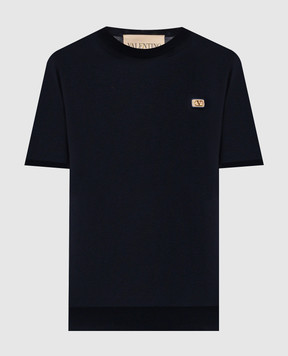 Valentino Blue wool T-shirt with logo patch 8V3KCE60BCJ