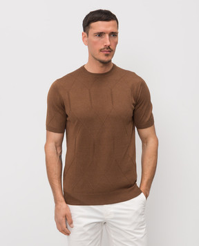 Enrico Mandelli Brown silk t-shirt with geometric pattern 3K009A5645