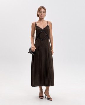Twinset Brown pleated dress with lace 262TP2060