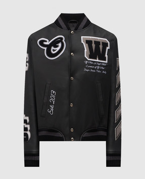 Off-White Black leather bomber jacket with logo 44MJA122C9L004