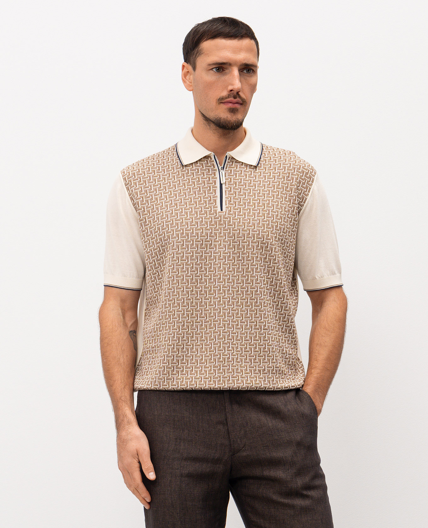 

Beige polo shirt with patterned silk Stefano Ricci