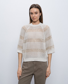Brunello Cucinelli Beige openwork top with sequins M58772800