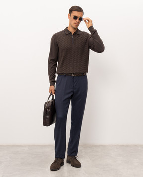 Stefano Ricci Brown cashmere and silk polo shirt with geometric pattern K606438P30F26324