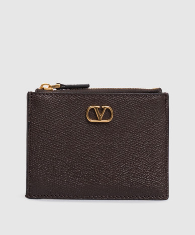 VLogo Signature Brown Leather Cardholder