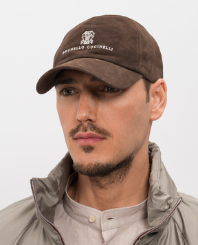 Brunello Cucinelli Brown suede cap with logo embroidery MPCLF9850