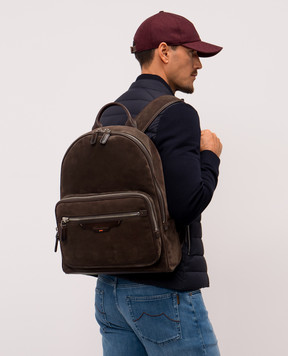 Santoni Brown suede backpack with logo UIBBA2364ENASNQ