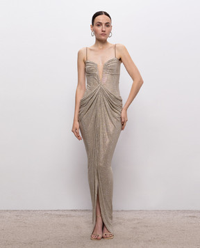 Nissa Beige corset dress with crystals and drapery RRS16695
