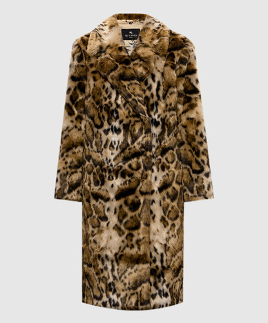 Beige double-breasted leopard print fur coat