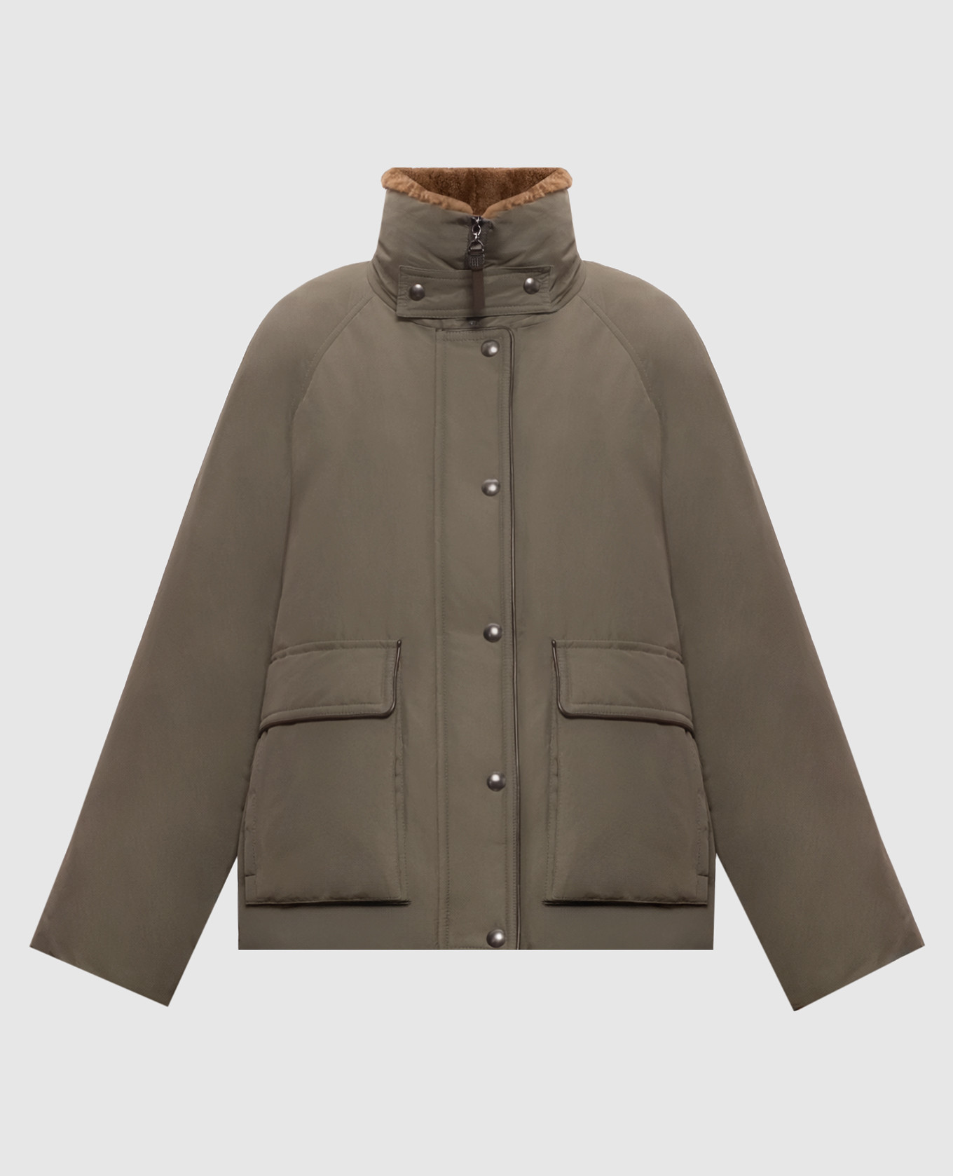 Khaki down jacket with fur