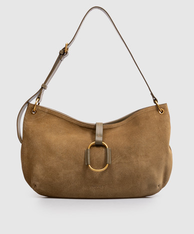 Khaki suede hobo bag