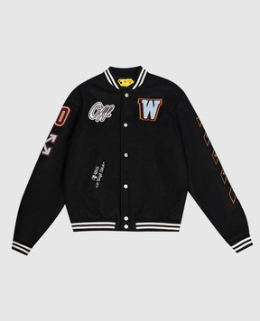 Off-White Kids' black wool bomber jacket with logo patches 44BEH001F26F001