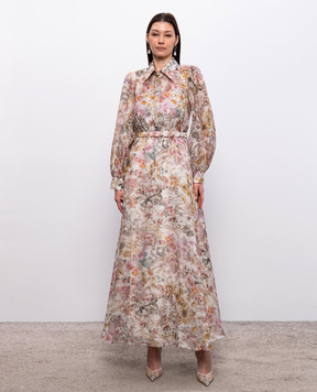 Nissa Beige linen and silk dress with floral print RC16550