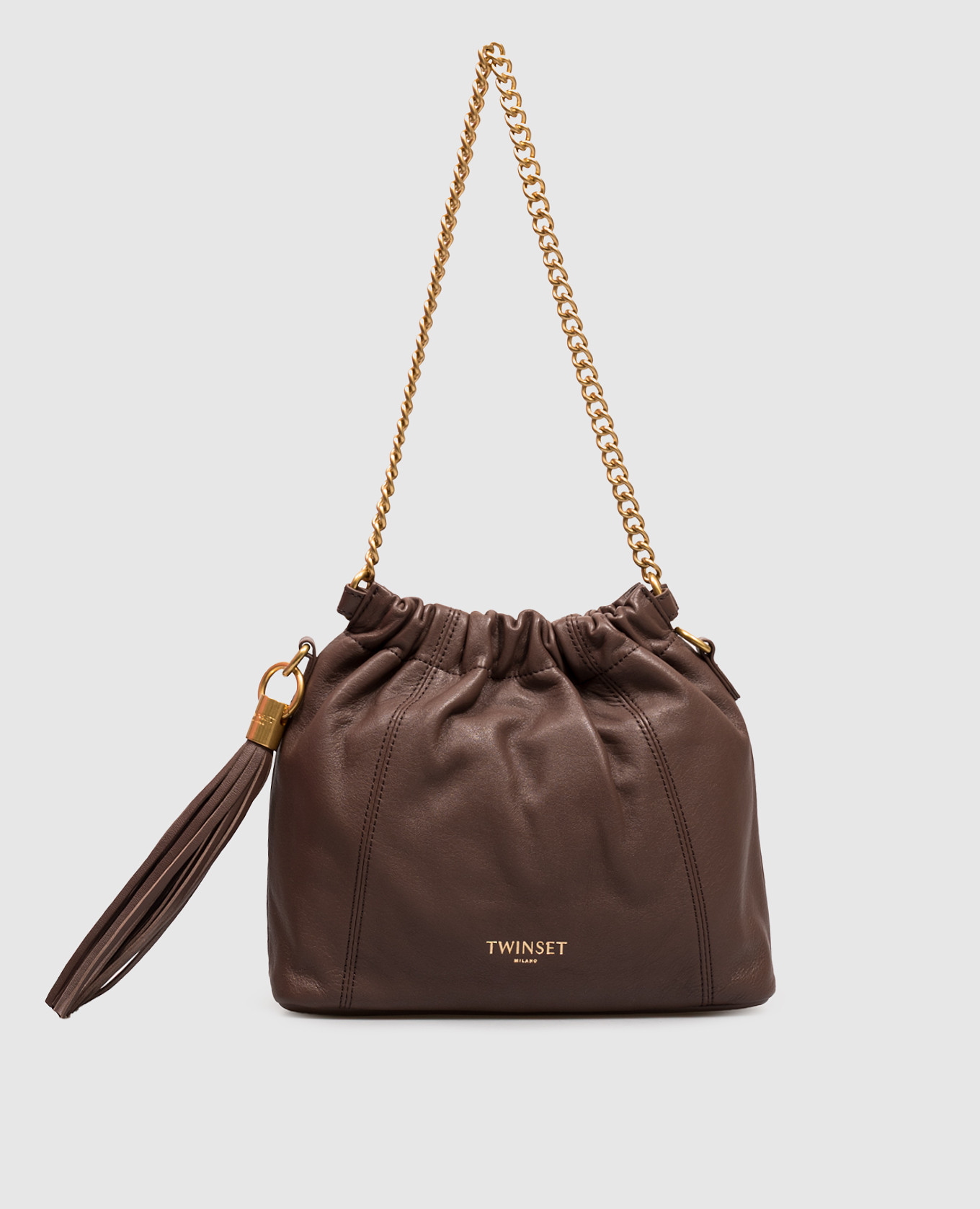 Brown leather bag with embossed logo