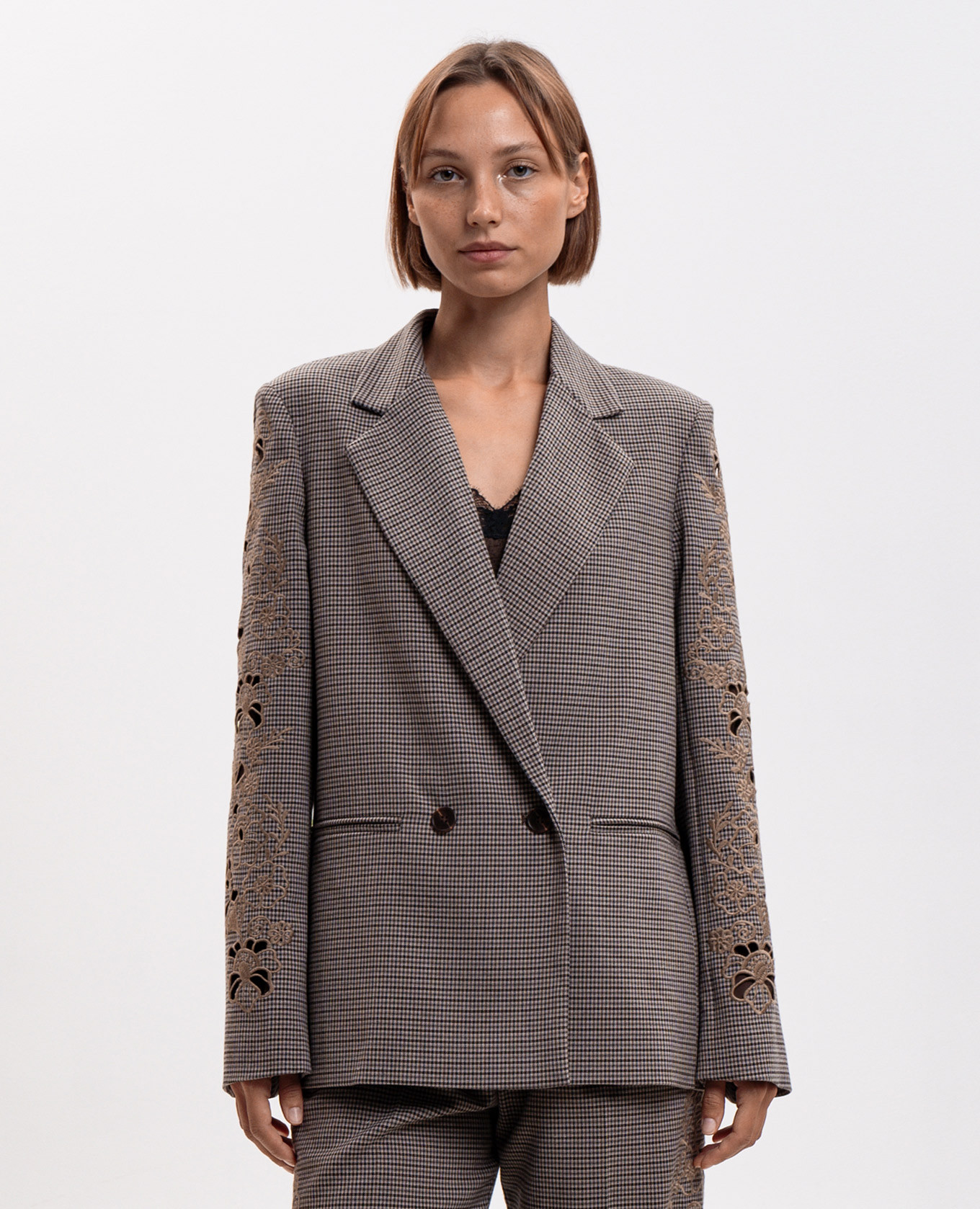 Brown double-breasted jacket with embroidery Twinset 3