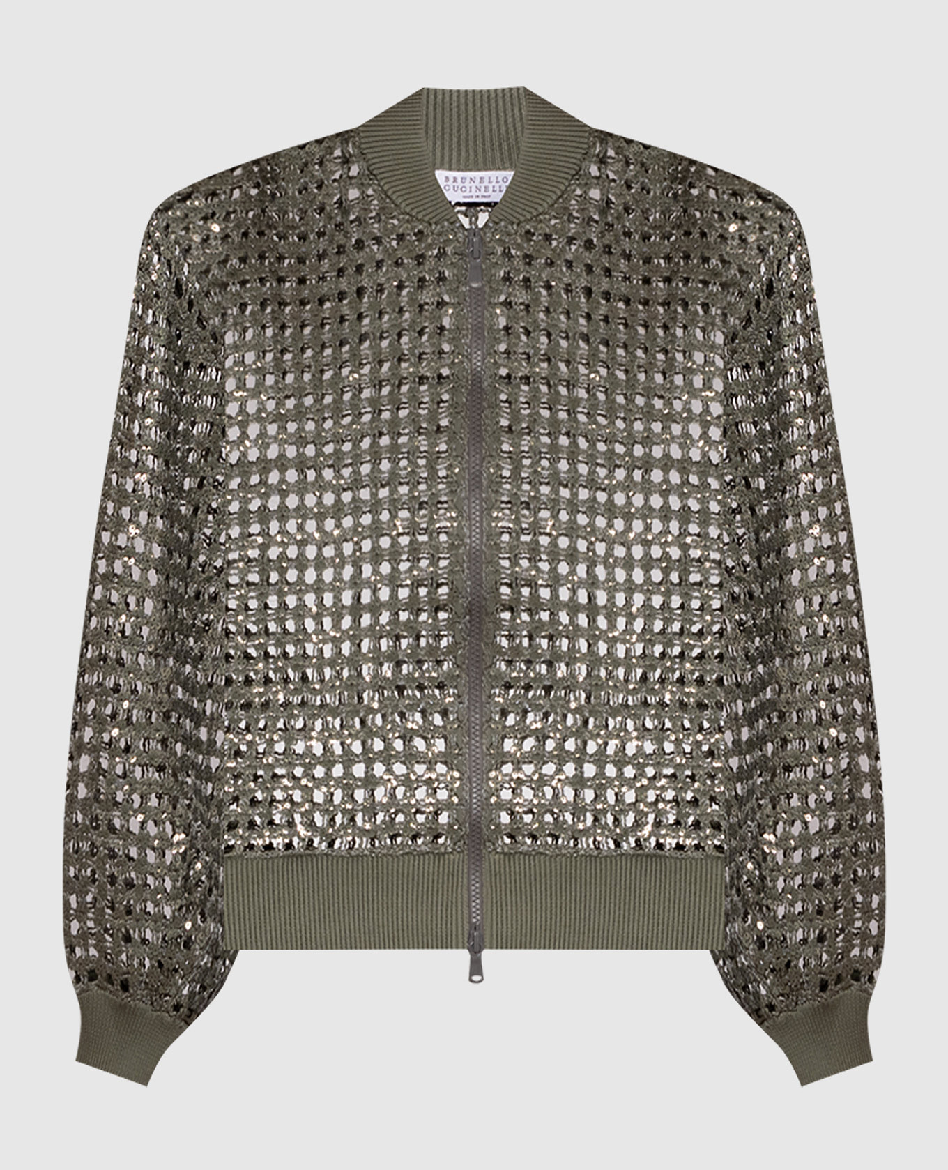 Khaki openwork cardigan made of silk and linen with sequins Brunello Cucinelli