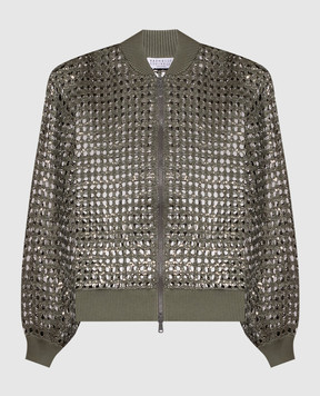 Brunello Cucinelli Khaki openwork cardigan made of silk and linen with sequins MCBR11806