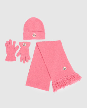 Moncler ENFANT Children's pink hat, scarf and gloves set with logo patch L29543G00001M1125