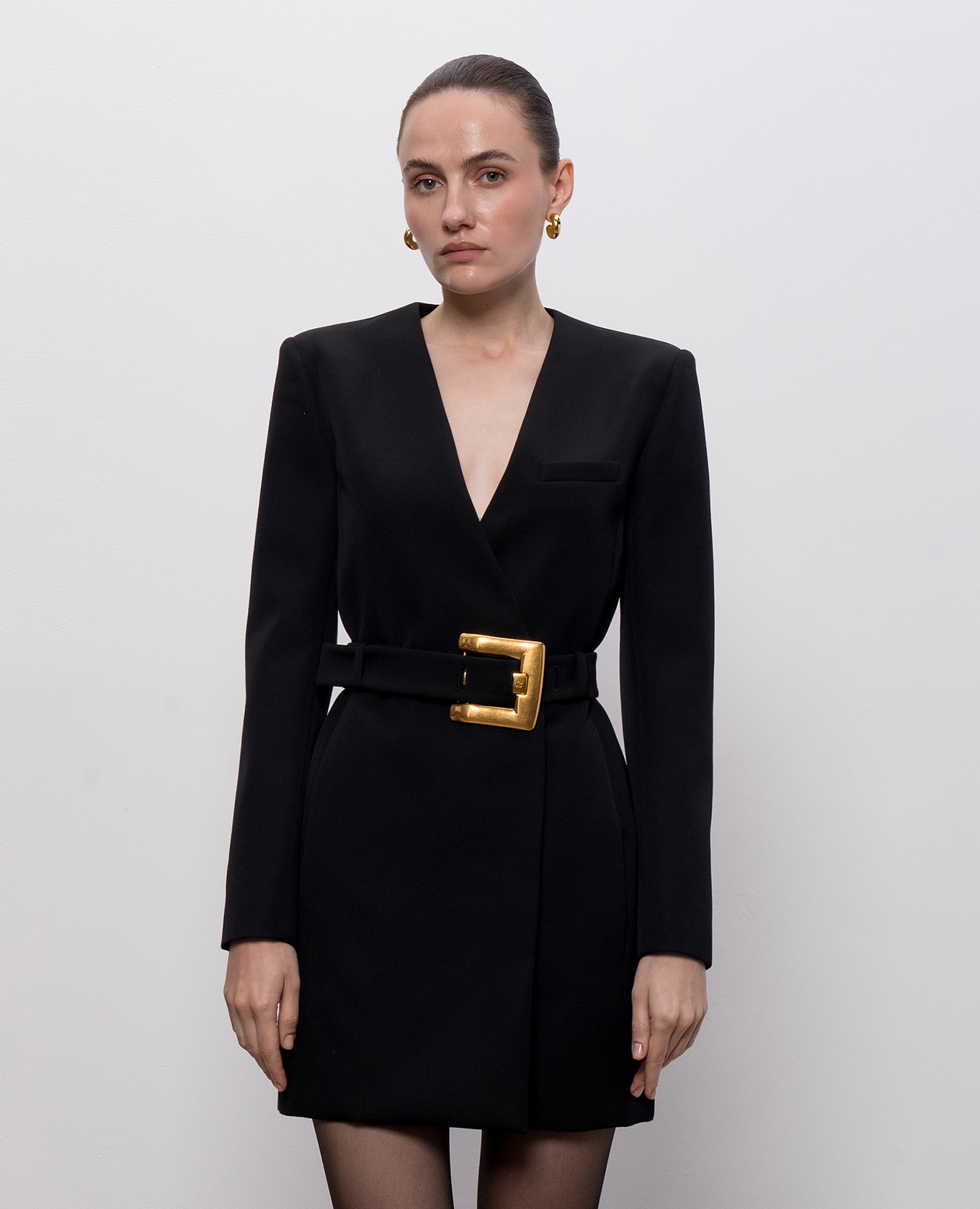 

Black double-breasted wool jacket dress with belt Balmain