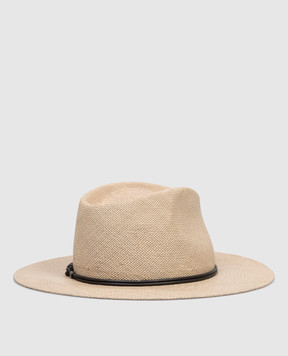 Brunello Cucinelli Beige straw fedora hat with monil chain MCAP90036