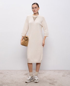 Peserico Beige wool, silk and cashmere dress with monil chain E92230F079N018