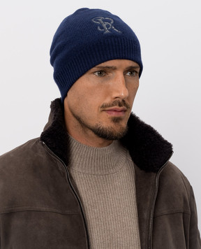 Stefano Ricci Blue cashmere hat with monogram patch K606040CUFF26305