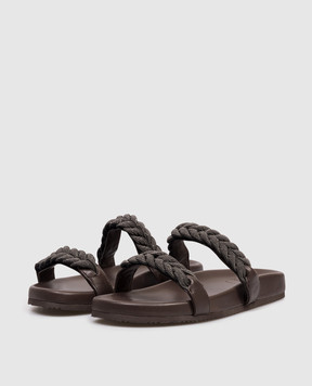 Brunello Cucinelli Brown leather flip-flops with a monil chain MZGAG3159