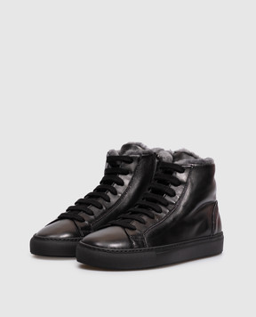 Doucal's Black leather high-tops with fur and a monil chain DD8933JESSUM281